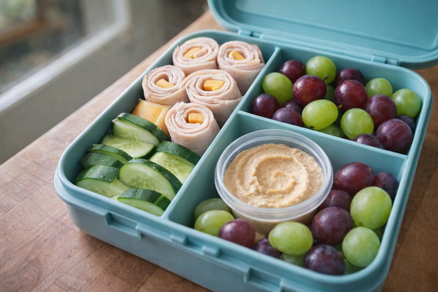 A partially packed bento box with visible turkey and cheese roll-ups, cucumber slices, grapes, and a small container of hummus. Focus on the ingredients and arrangement. Bright, natural lighting